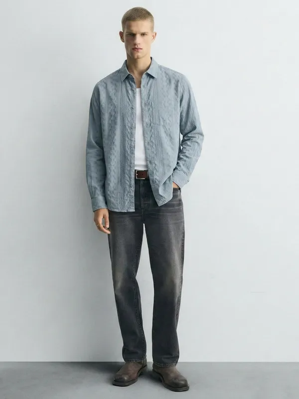 Highlander Men Blue Self Design Slim Fit Casual Shirt