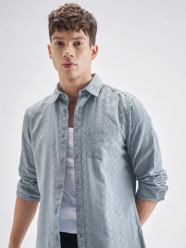 Highlander Men Blue Self Design Slim Fit Casual Shirt