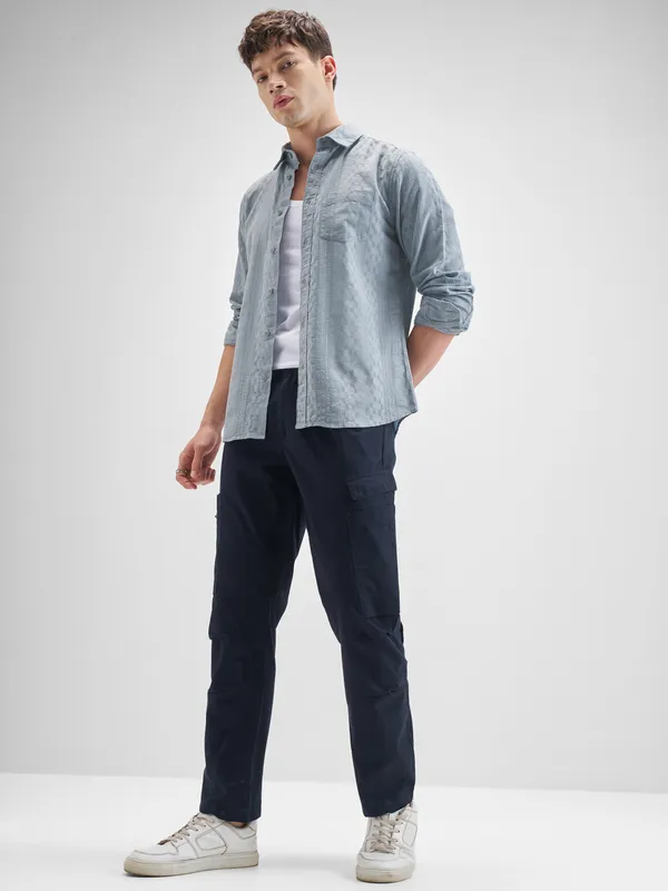 Highlander Men Blue Self Design Slim Fit Casual Shirt