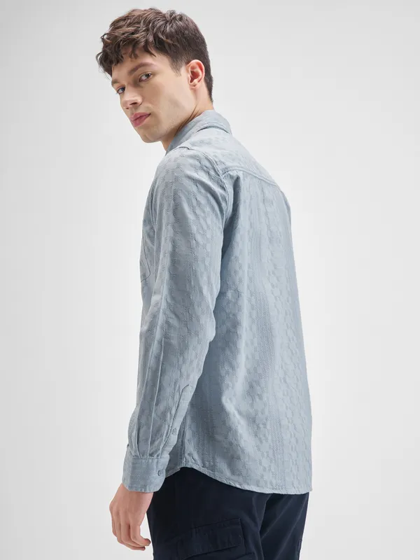 Highlander Men Blue Self Design Slim Fit Casual Shirt