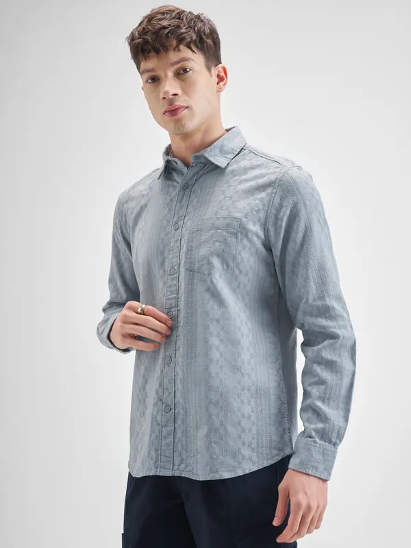 Highlander Men Blue Self Design Slim Fit Casual Shirt