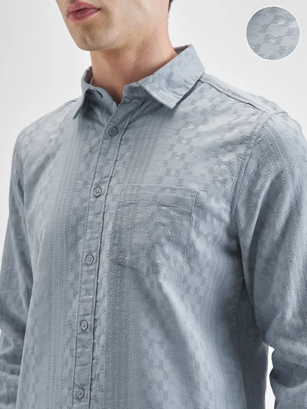 Highlander Men Blue Self Design Slim Fit Casual Shirt