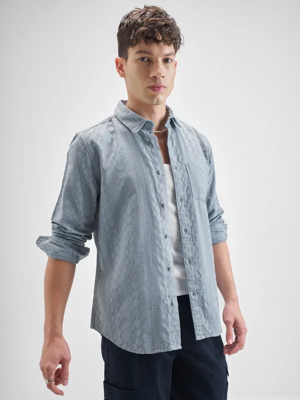 Highlander Men Blue Self Design Slim Fit Casual Shirt