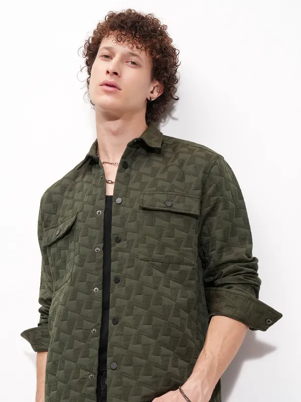 Highlander Men Olive Self Design Relaxed Fit Casual Shirt