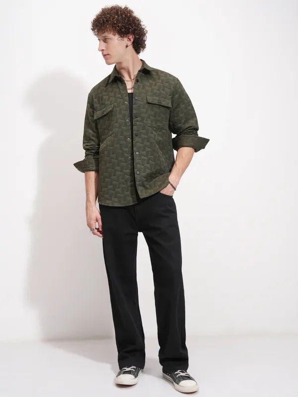 Highlander Men Olive Self Design Relaxed Fit Casual Shirt