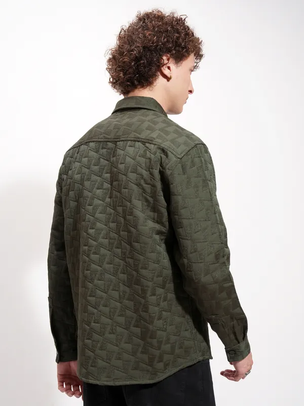 Highlander Men Olive Self Design Relaxed Fit Casual Shirt