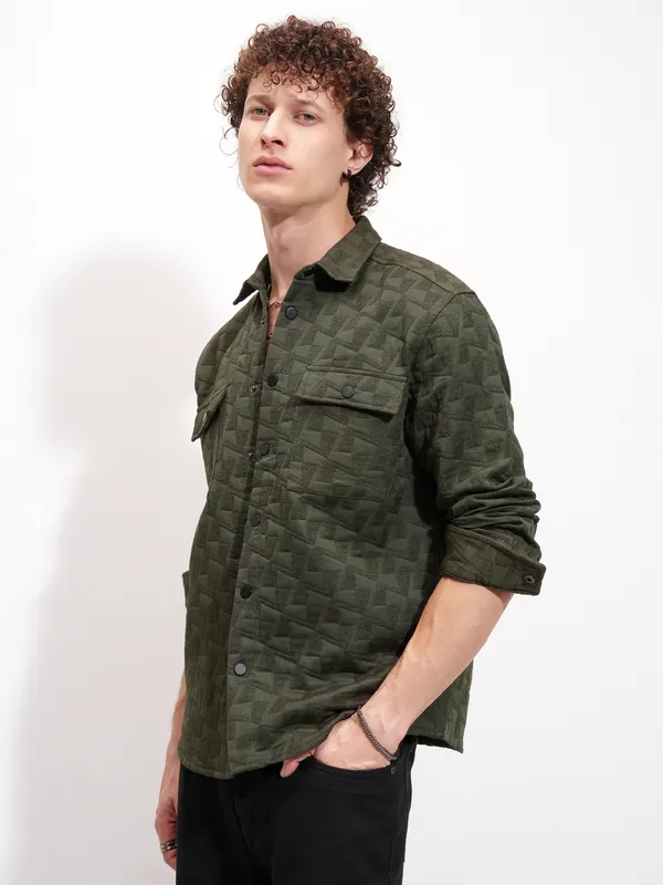 Highlander Men Olive Self Design Relaxed Fit Casual Shirt