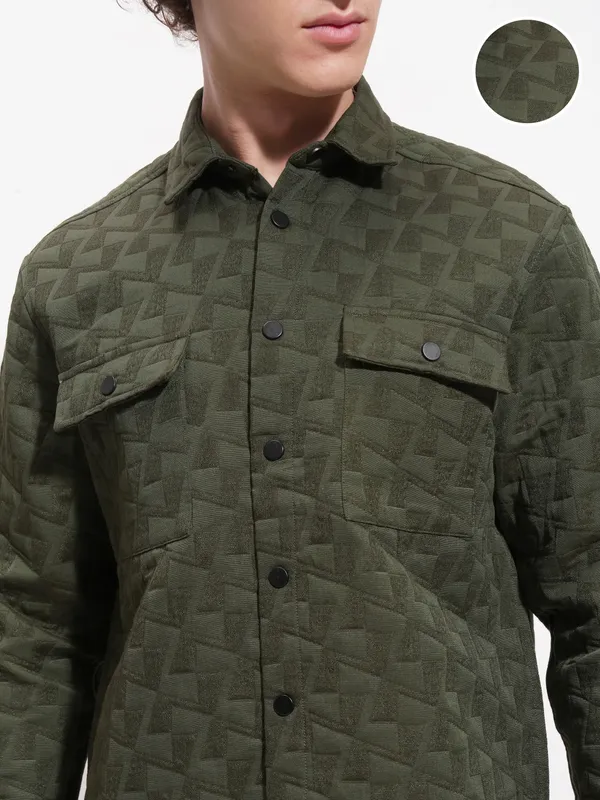 Highlander Men Olive Self Design Relaxed Fit Casual Shirt
