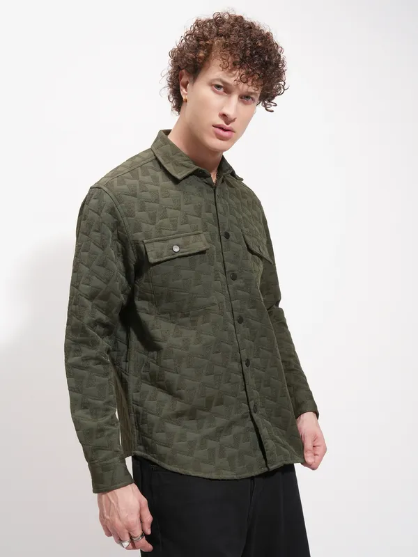 Highlander Men Olive Self Design Relaxed Fit Casual Shirt