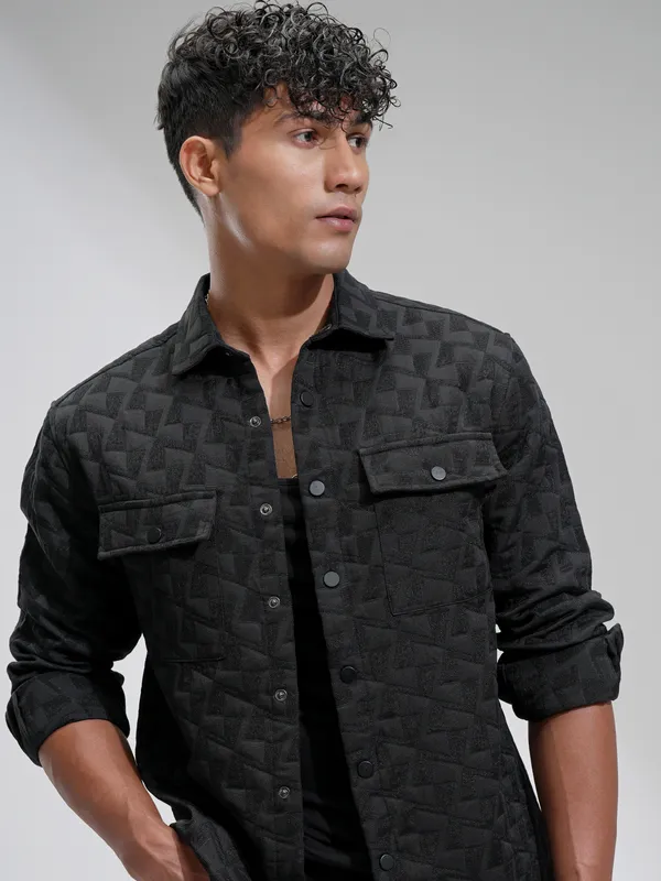 Highlander Men Black Self Design Relaxed Fit Casual Shirt