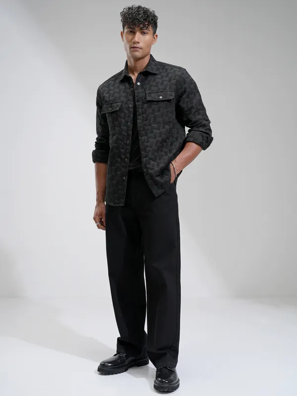 Highlander Men Black Self Design Relaxed Fit Casual Shirt