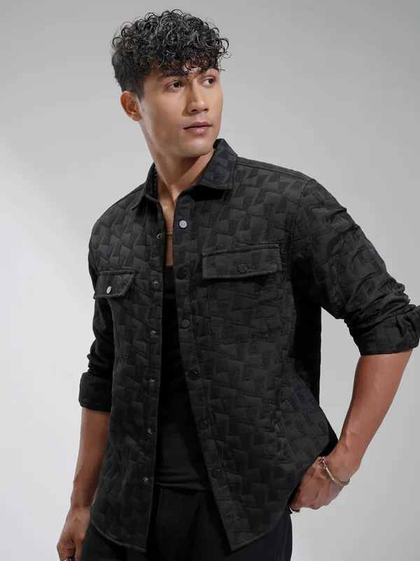 Highlander Men Black Self Design Relaxed Fit Casual Shirt