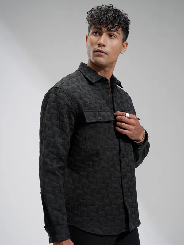 Highlander Men Black Self Design Relaxed Fit Casual Shirt