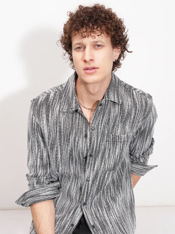 Highlander Men Black Self Design Relaxed Fit Casual Shirt