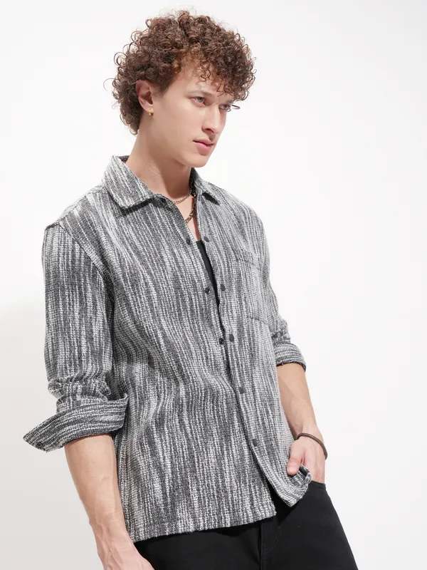 Highlander Men Black Self Design Relaxed Fit Casual Shirt