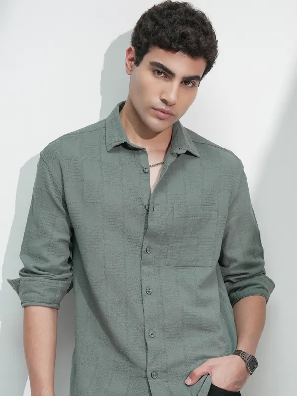 Highlander Men Olive Self Design Relaxed Fit Casual Shirt