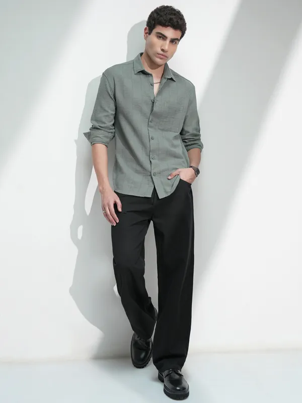 Highlander Men Olive Self Design Relaxed Fit Casual Shirt