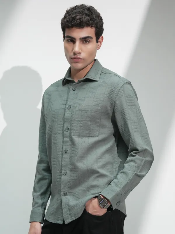 Highlander Men Olive Self Design Relaxed Fit Casual Shirt