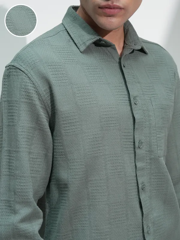 Highlander Men Olive Self Design Relaxed Fit Casual Shirt