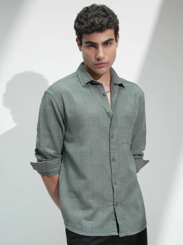 Highlander Men Olive Self Design Relaxed Fit Casual Shirt