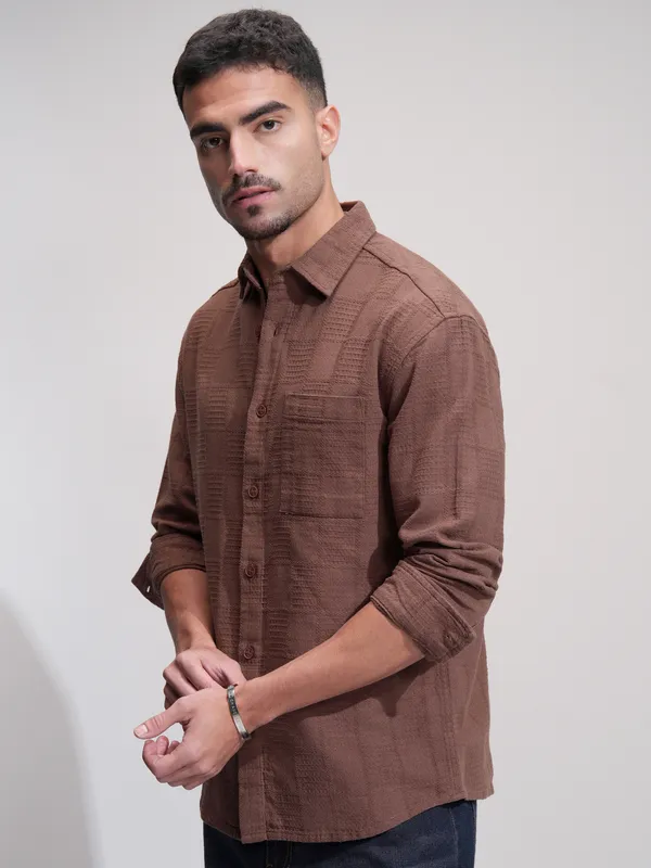 Highlander Men Maroon Textured Relaxed Fit Casual Shirt