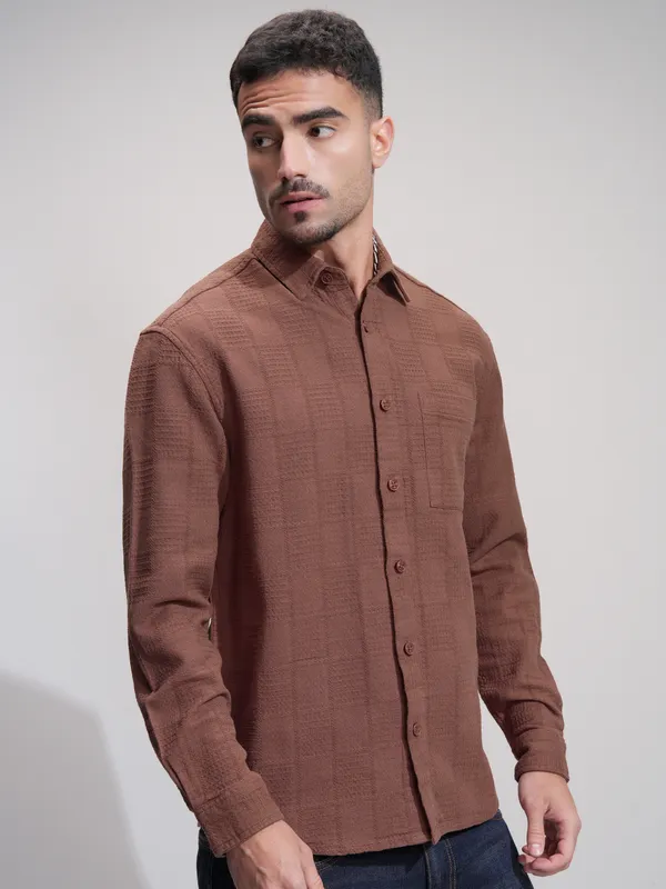 Highlander Men Maroon Textured Relaxed Fit Casual Shirt