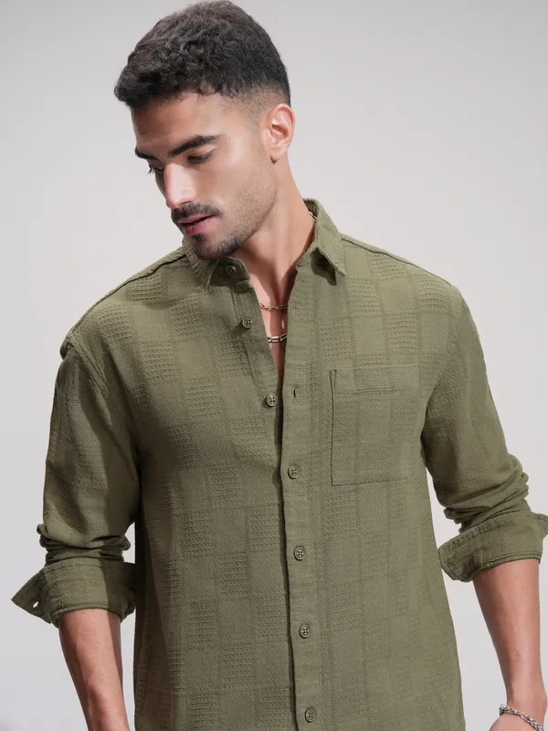 Highlander Men Olive Textured Relaxed Fit Casual Shirt