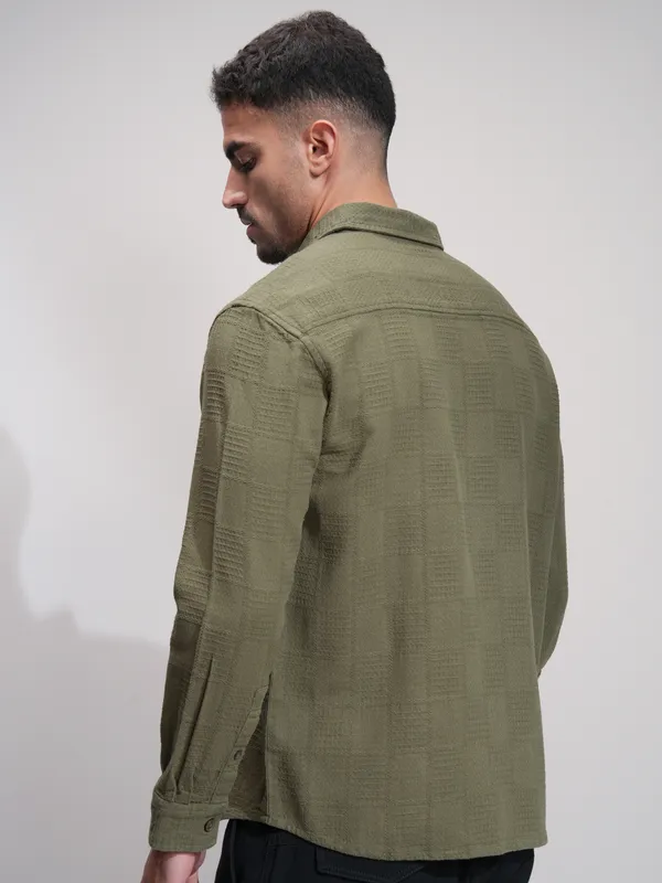 Highlander Men Olive Textured Relaxed Fit Casual Shirt