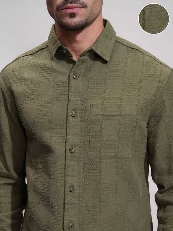 Highlander Men Olive Textured Relaxed Fit Casual Shirt