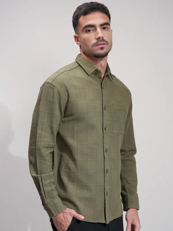 Highlander Men Olive Textured Relaxed Fit Casual Shirt