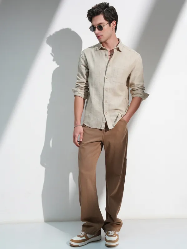 Highlander Men Beige Self Design Relaxed Fit Casual Shirt