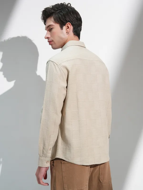 Highlander Men Beige Self Design Relaxed Fit Casual Shirt