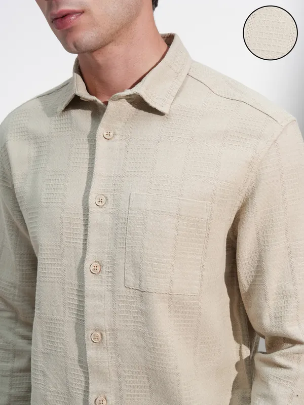 Highlander Men Beige Self Design Relaxed Fit Casual Shirt