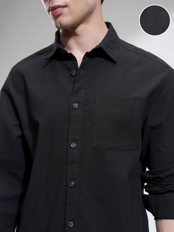 Highlander Men Black Self Design Relaxed Fit Casual Shirt