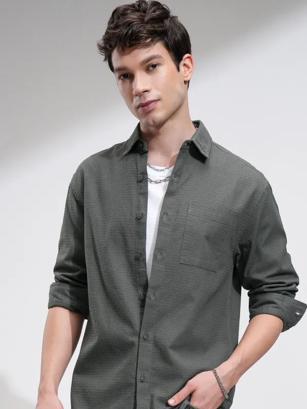 Highlander Men Olive Textured Relaxed Fit Casual Shirt