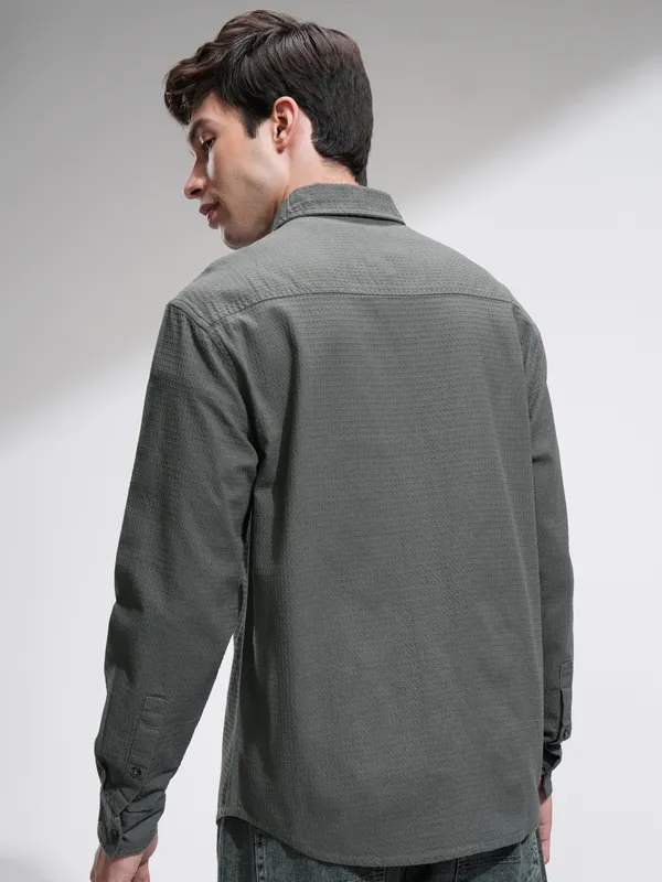 Highlander Men Olive Textured Relaxed Fit Casual Shirt