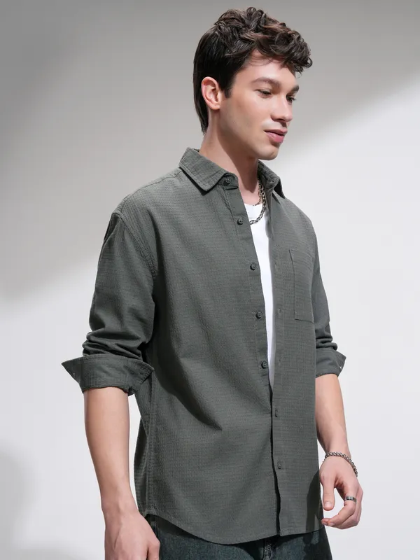 Highlander Men Olive Textured Relaxed Fit Casual Shirt
