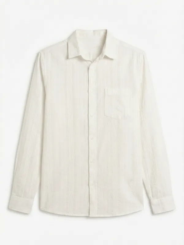 Highlander Men White Self Design Slim Fit Casual Shirt