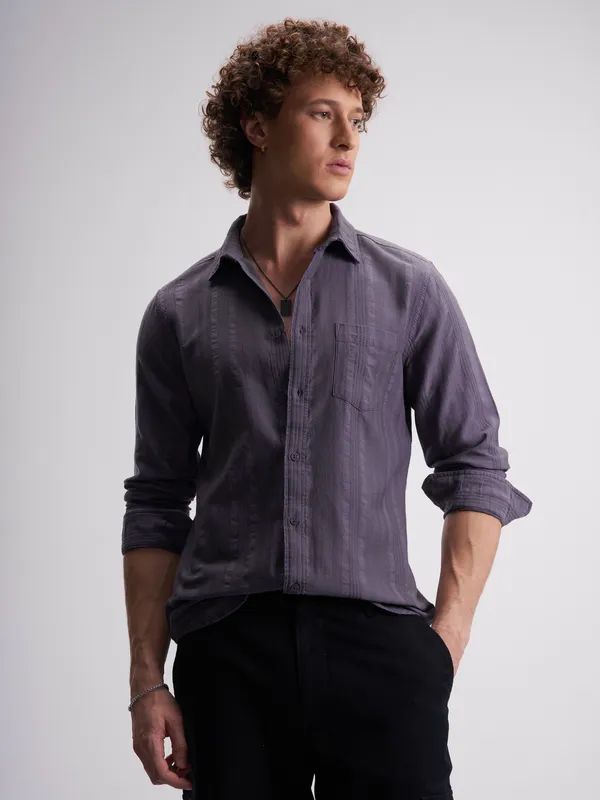 Highlander Men Purple Self Design Slim Fit Casual Shirt