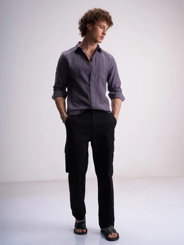 Highlander Men Purple Self Design Slim Fit Casual Shirt