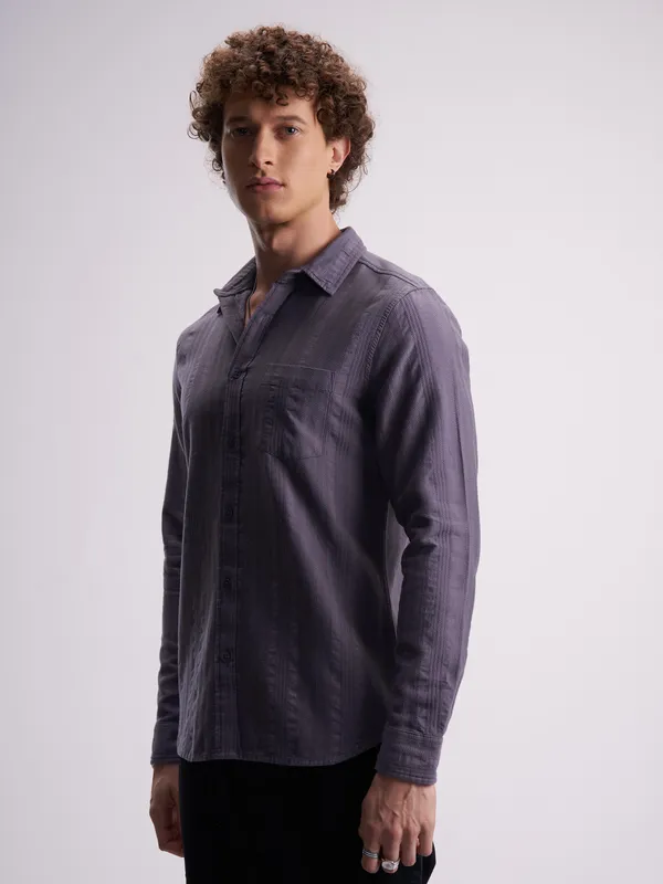 Highlander Men Purple Self Design Slim Fit Casual Shirt