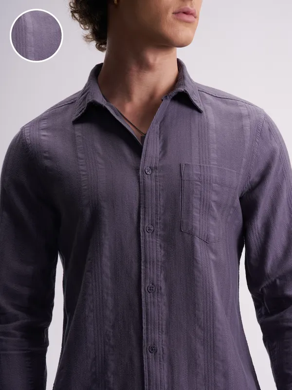 Highlander Men Purple Self Design Slim Fit Casual Shirt