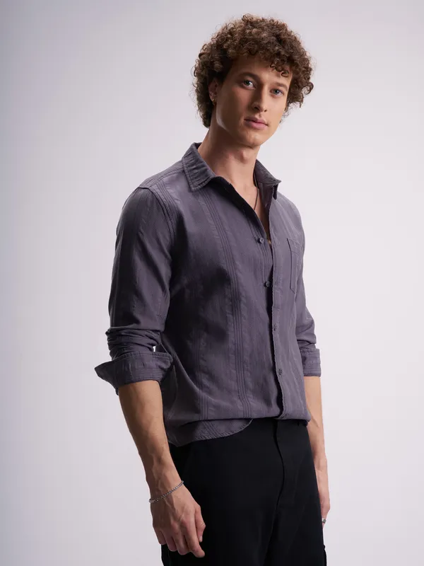 Highlander Men Purple Self Design Slim Fit Casual Shirt