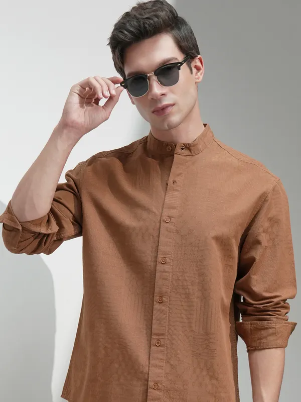 Highlander Men Rust Self Design Relaxed Fit Casual Shirt