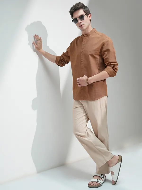 Highlander Men Rust Self Design Relaxed Fit Casual Shirt