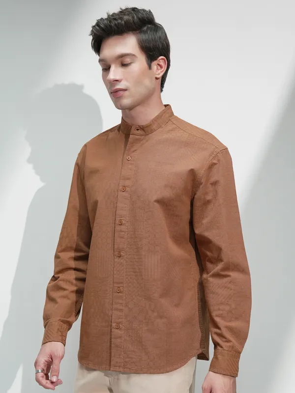 Highlander Men Rust Self Design Relaxed Fit Casual Shirt