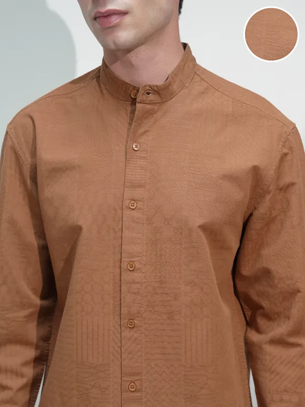 Highlander Men Rust Self Design Relaxed Fit Casual Shirt