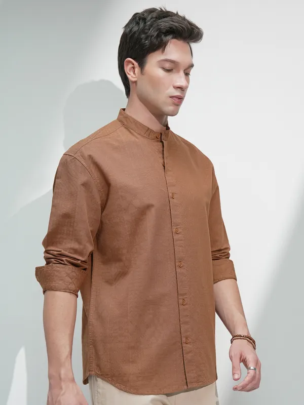 Highlander Men Rust Self Design Relaxed Fit Casual Shirt