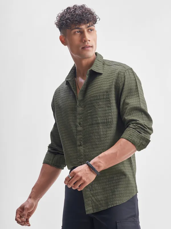 Highlander Men Green Self Design Relaxed Fit Casual Shirt