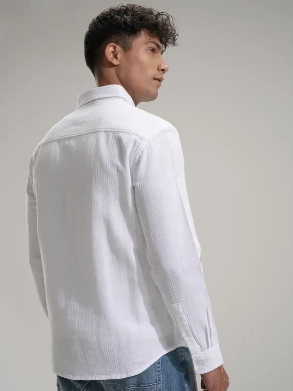Highlander Men White Striped Relaxed Fit Casual Shirt